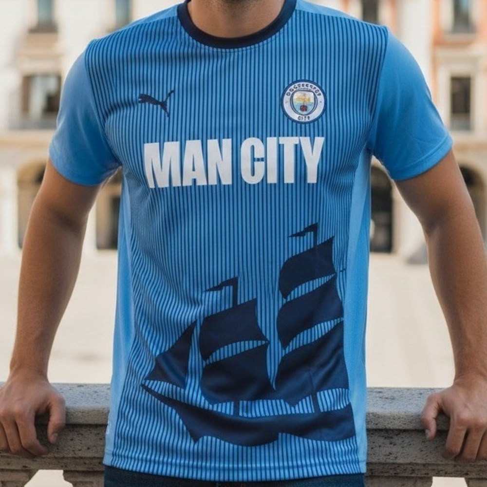 Manchester City FC Mens Soccer Jersey‎ Blue Striped Sailboat Graphic Jersey - M